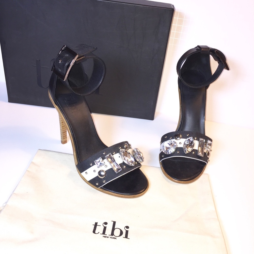 New TIBI Black Crystal Liv Ankle Strap Striped Jewel High Heel Sandal 37.5/7